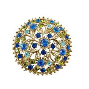 Vintage Blue Green Aurora Borealis Filigree Brooch, 3" Diameter